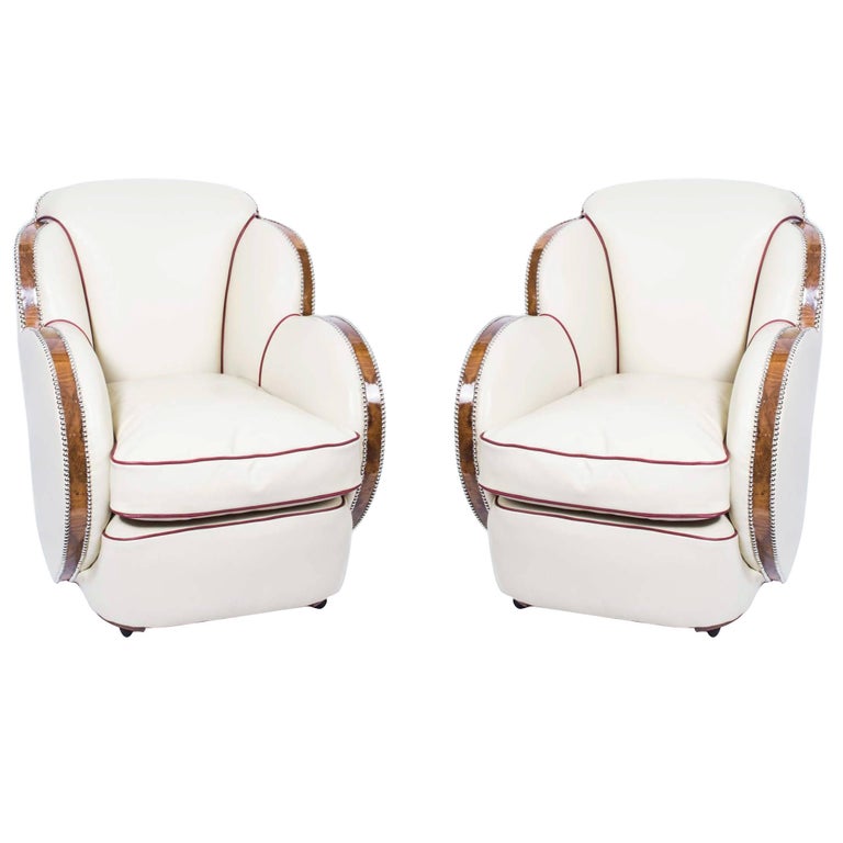 White Leather Art Deco Cloud Armchairs, White Leather Armchairs