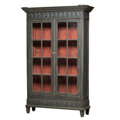 Antique Glass Cabinet in Gustavian Style with a Pair of Doors with Transoms, Good Patina