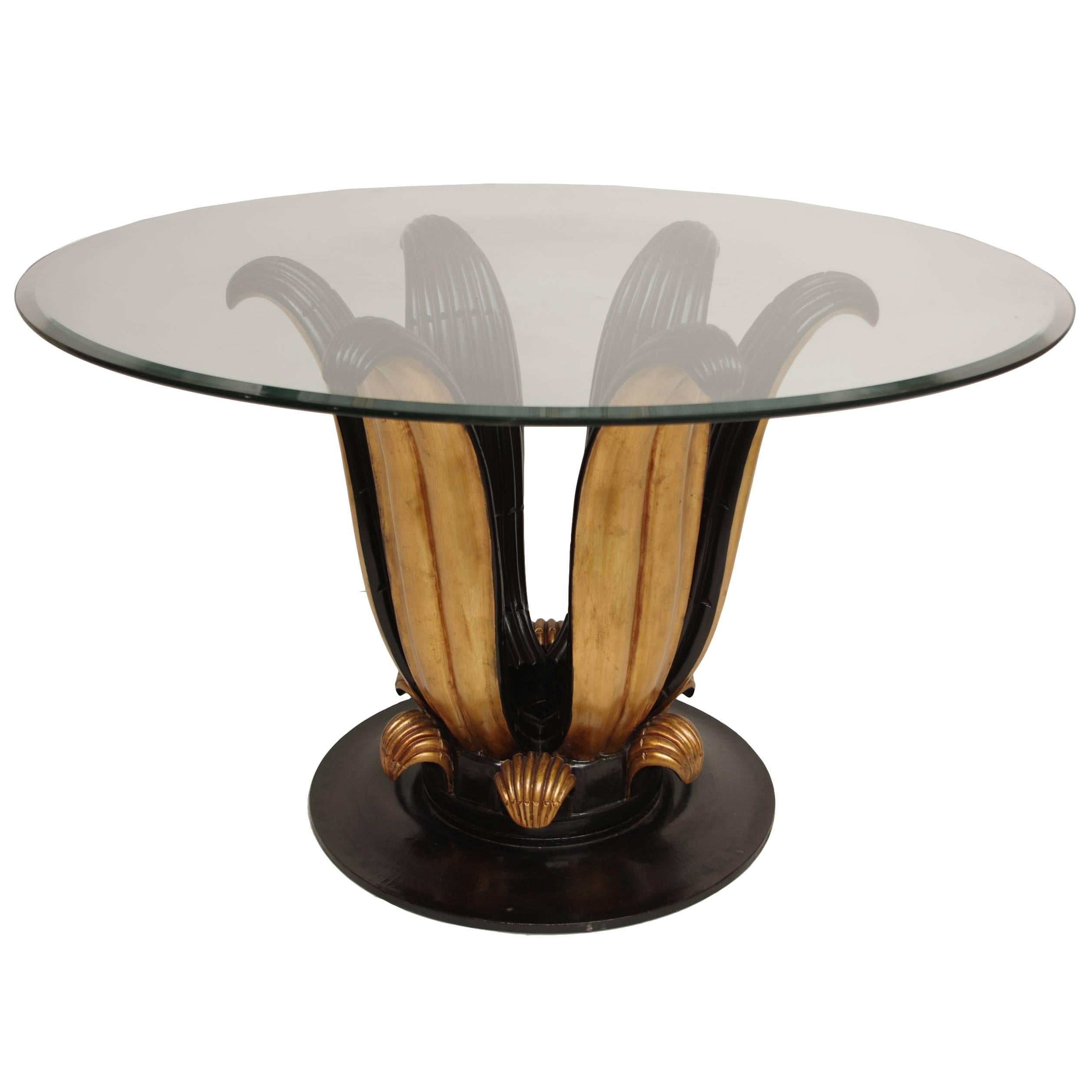 Large Pedestal Table in Black Lacquer and Giltwood with Round Glass Top