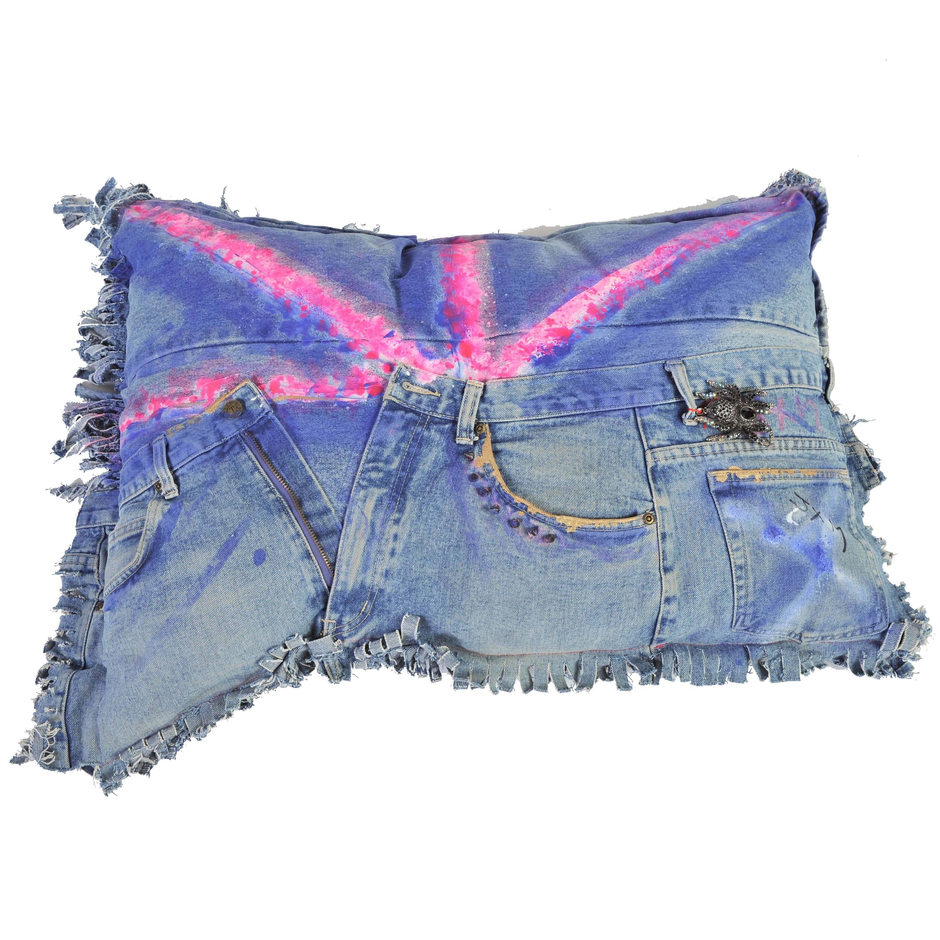 Unique Handmade Rock & Roll Bohemian Style Vintage Denim Cushion  For Sale