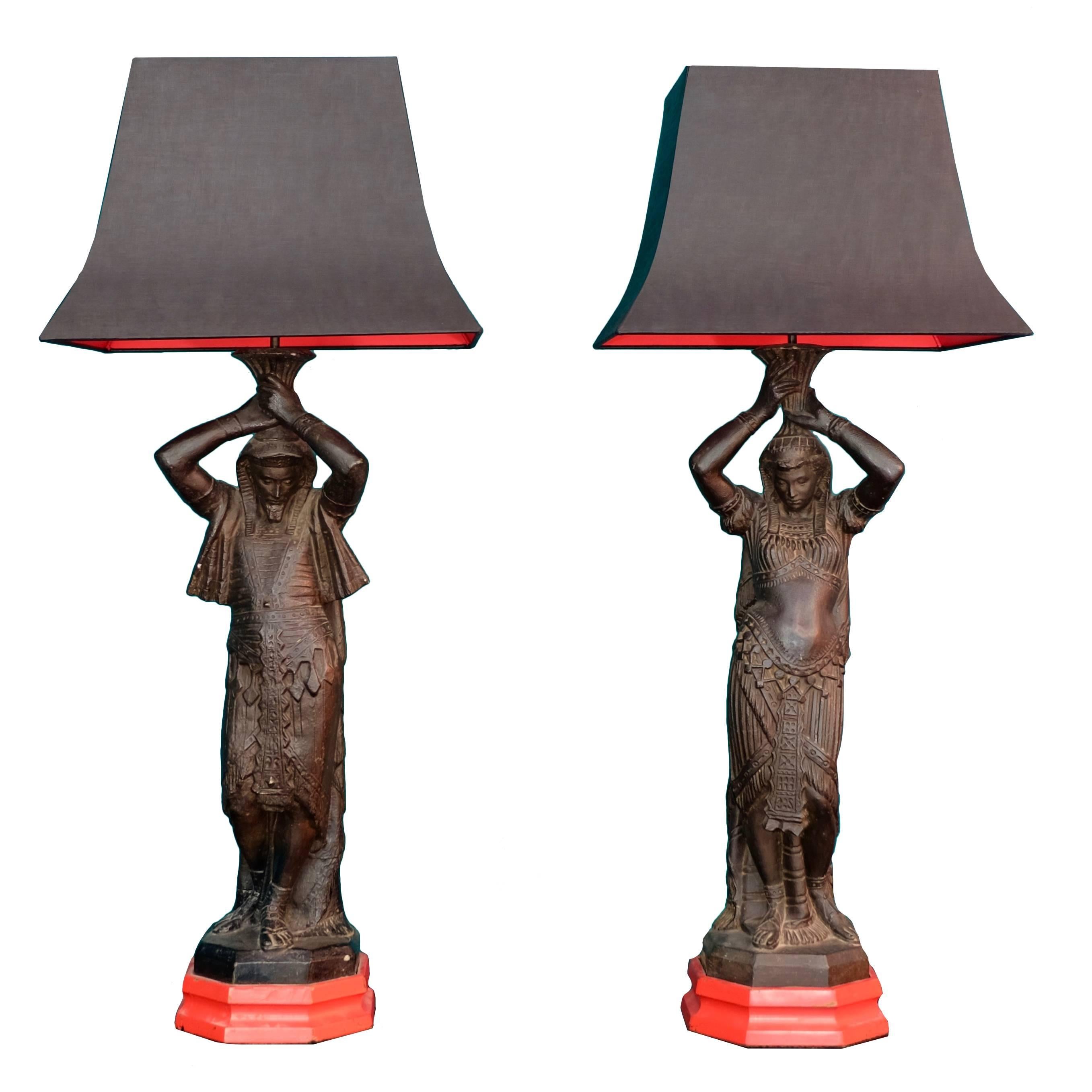 Impressive Pair of 1920s Orientalist Lamps with Contrasting Shades For Sale