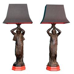 Impressive Pair of 1920s Orientalist Lamps with Contrasting Shades