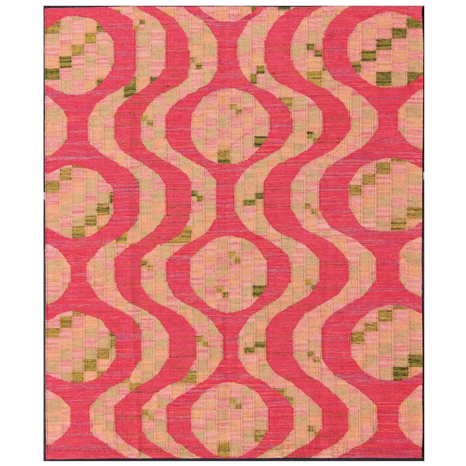 Scandinavian Design Flat-Weave Rug in Red, Salmon, Pink and Green 