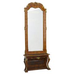 Antique Stunning Continental 19th Century Walnut and Ormolu Mirror and Stand