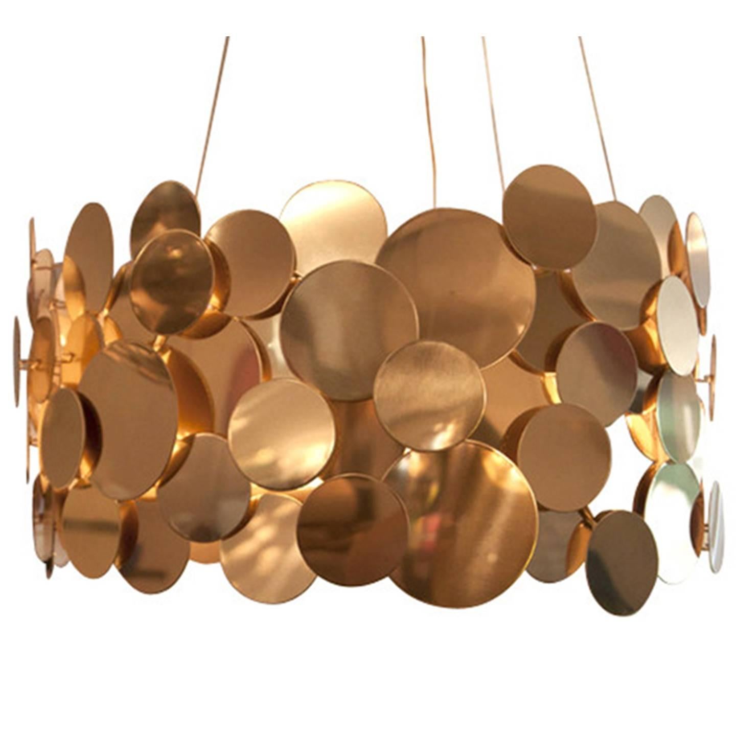 Polished Brass Metal Disc Chandelier For Sale