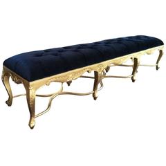French Louis XV Style Long Black Velvet with Gold Finish Bench
