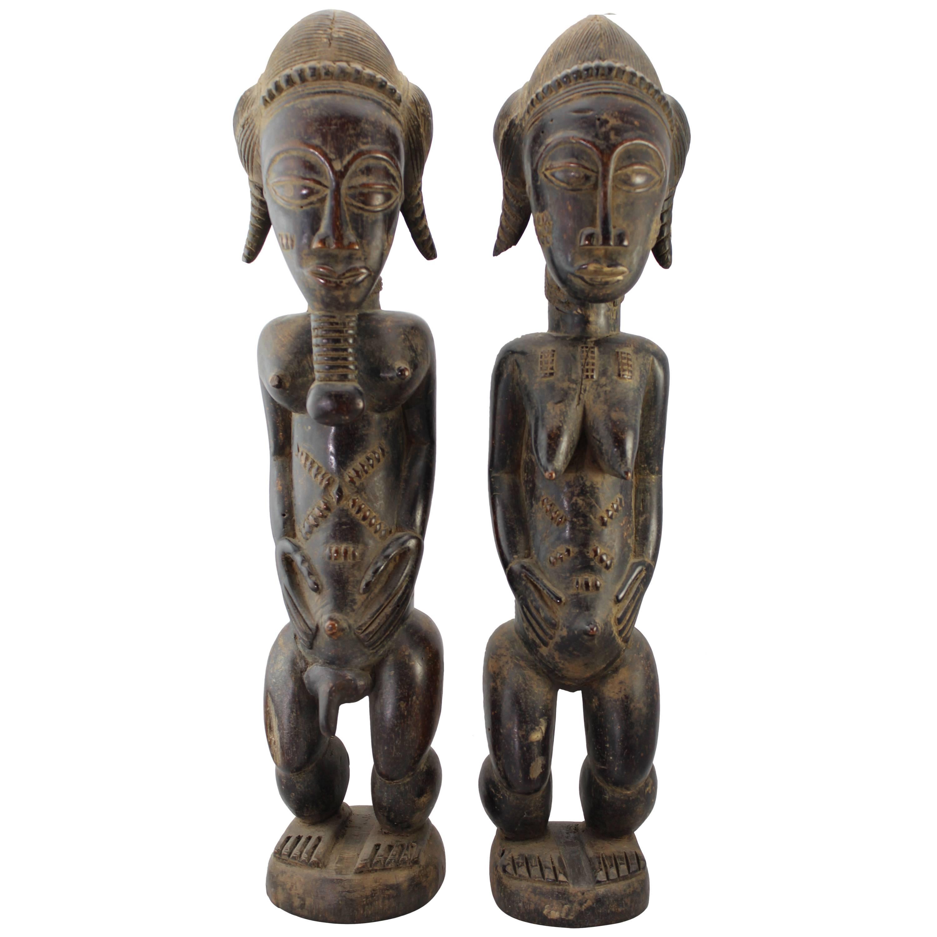 20th Century or Earlier Large Baule Cote D'Ivoire Male and Female Figures