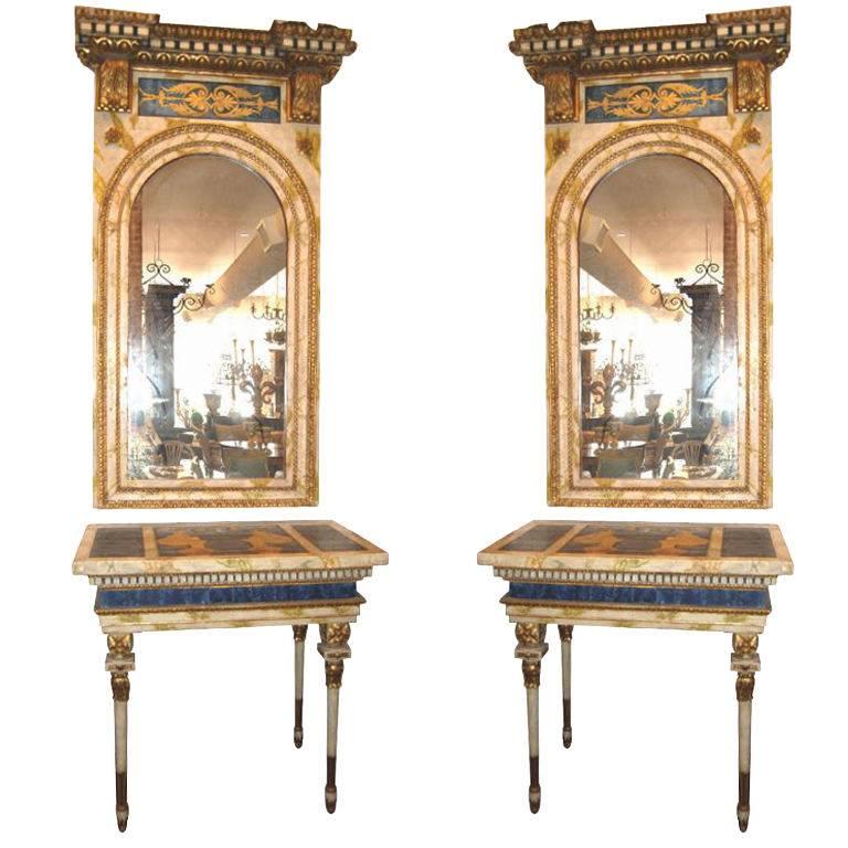 Pair of 18th Century Roman Consoles and Mirrors