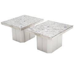 Pair of Side Tables Mosaic Stainless Steel and Lapis Lazuli by Stan Usel
