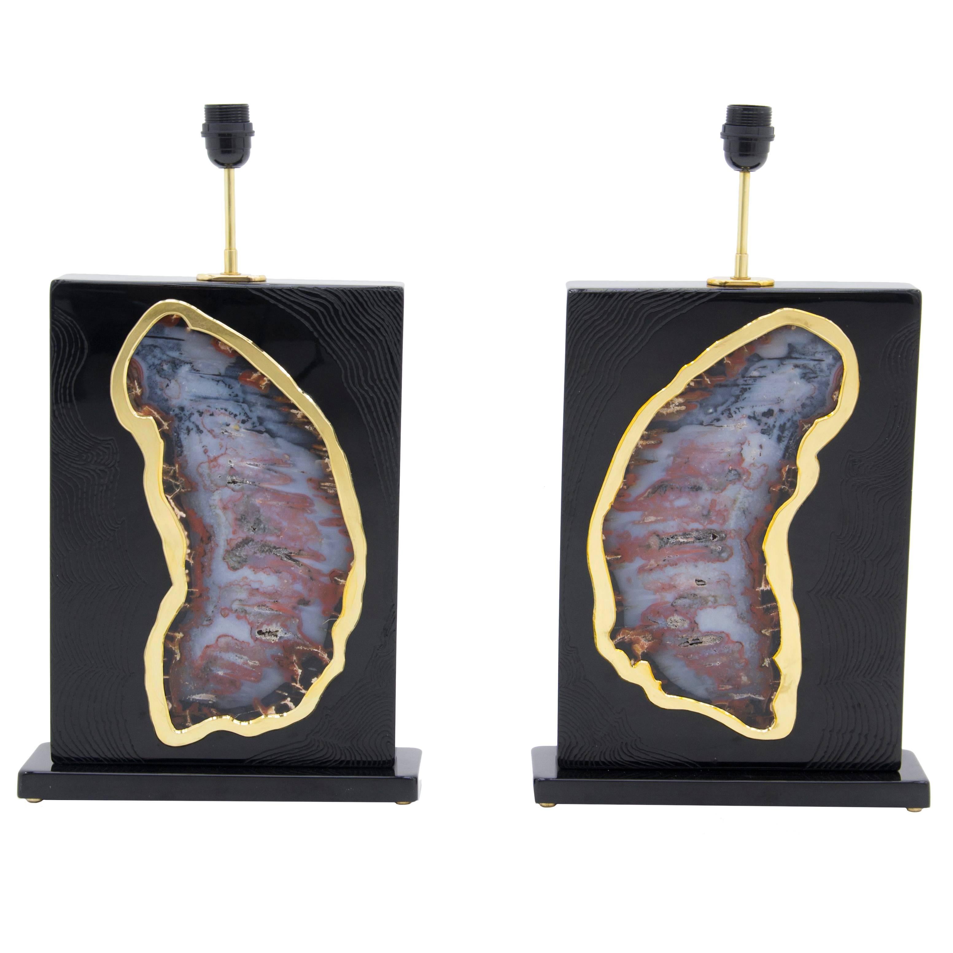 Pair of Lamps by Stan Usel Black Resin Inlay Agates For Sale