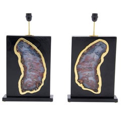 Pair of Lamps by Stan Usel Black Resin Inlay Agates