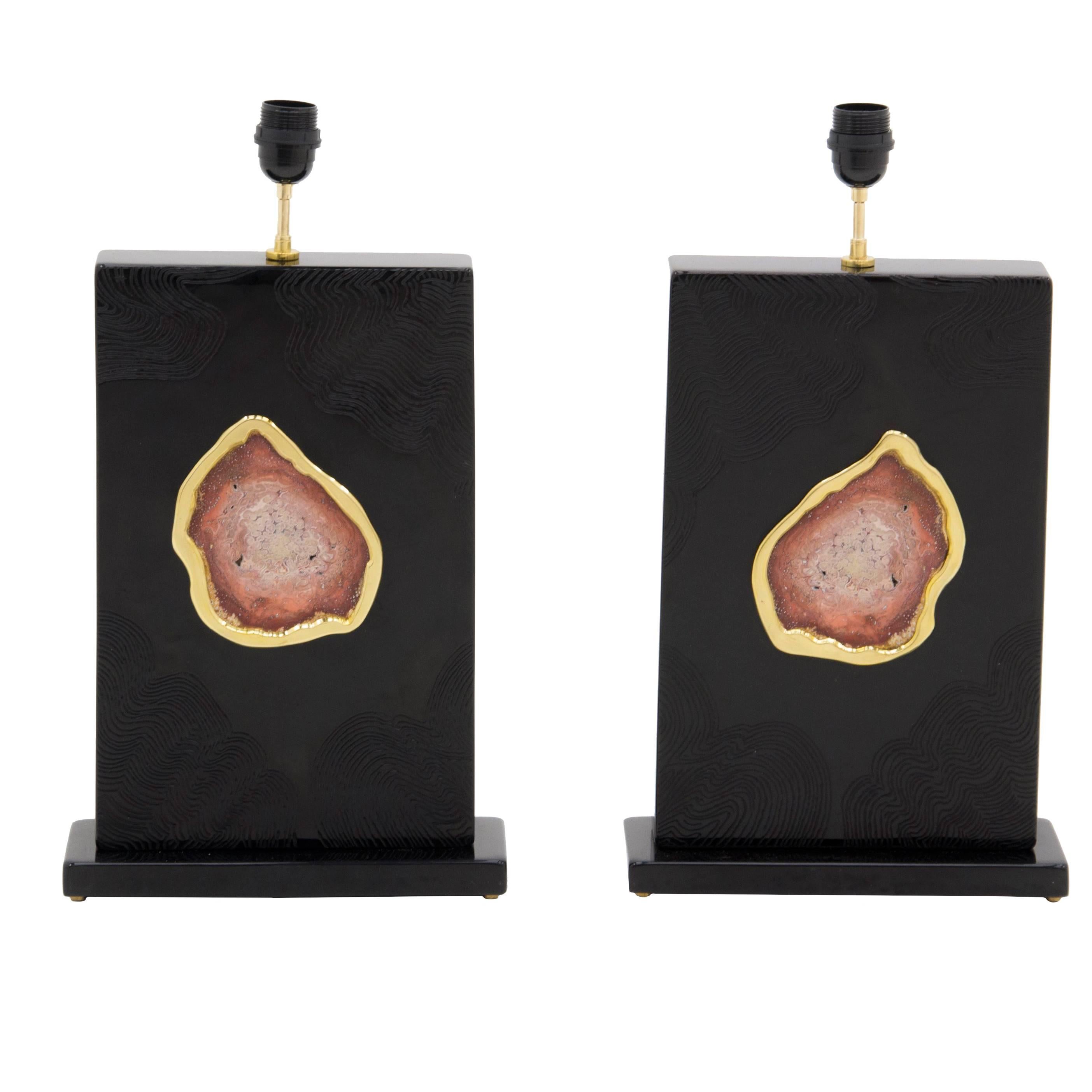 Pair of Lamps by Stan Usel Black Resin Inlay Red Stone