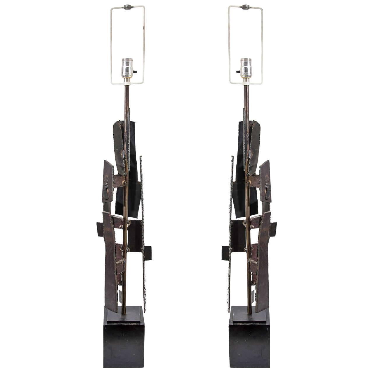 Brutalist Pair of Touch Cut Iron Table Lamps by Harry Balmer for Laurel