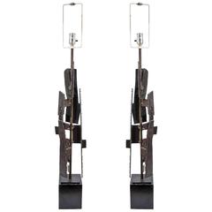 Brutalist Pair of Touch Cut Iron Table Lamps by Harry Balmer for Laurel