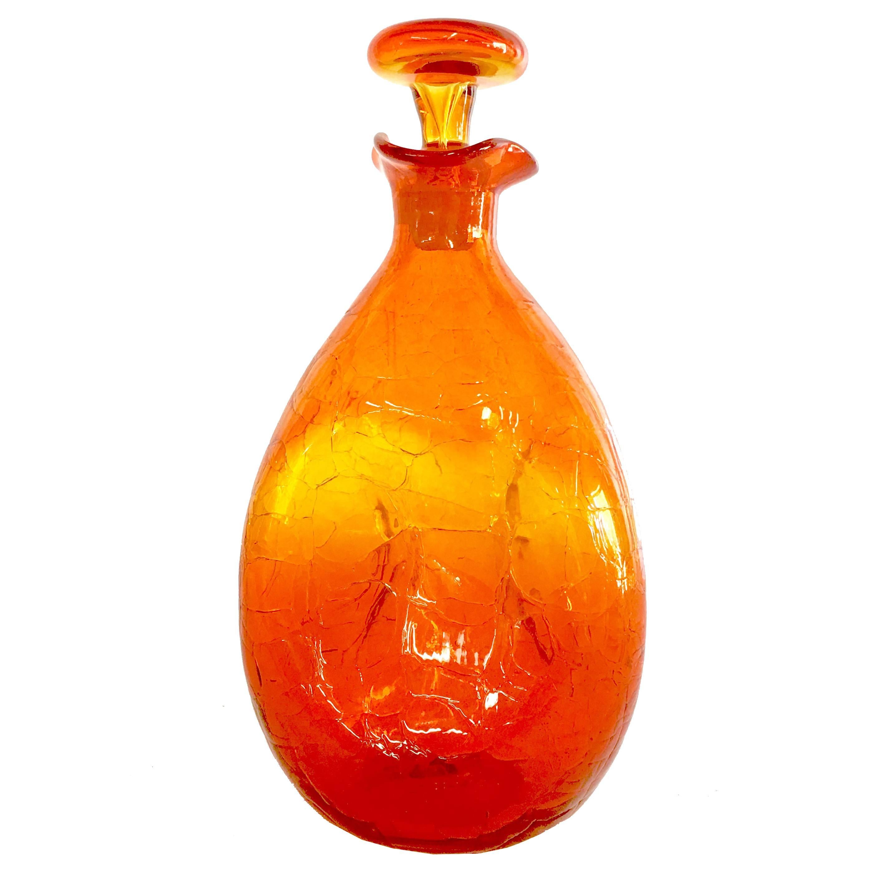 1950'S Blenko Crackle Glass Pinched Amberina Decanter