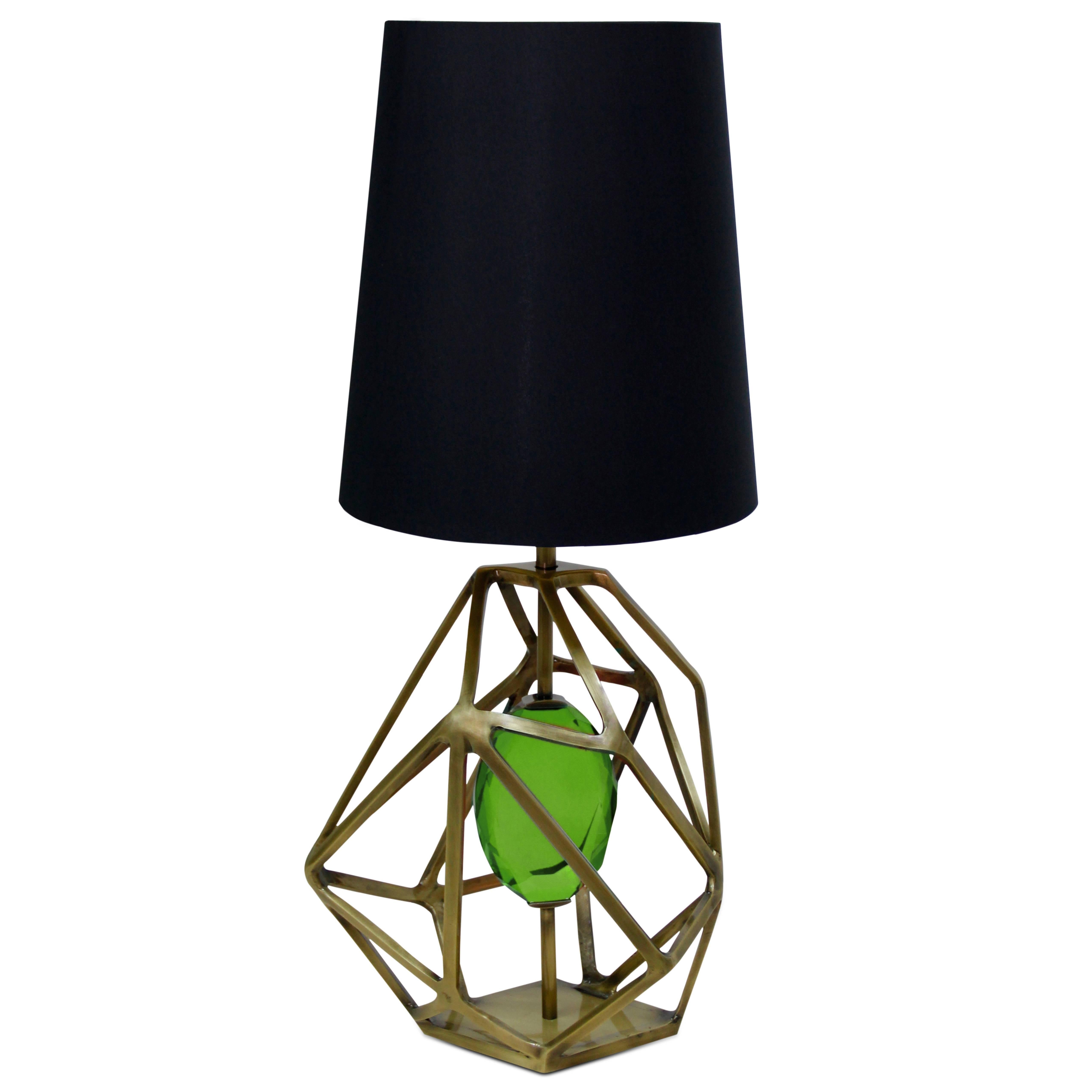 Pair of European Green Gem stone, Geometric Brass Table Lamp by Koket For Sale