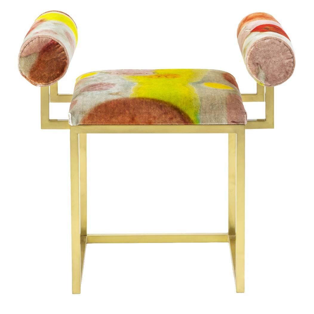 Awaiting, H Stool Printed Velvet and Brass For Sale