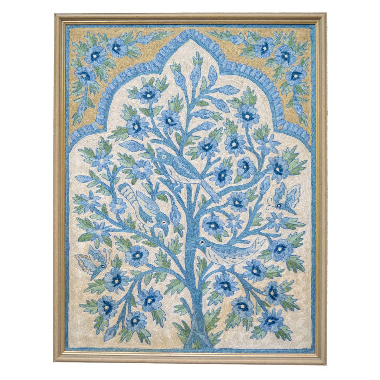 Silk Uzbekistan Suzani Crewelwork Blue and White "Tree of Life" Panel with Birds