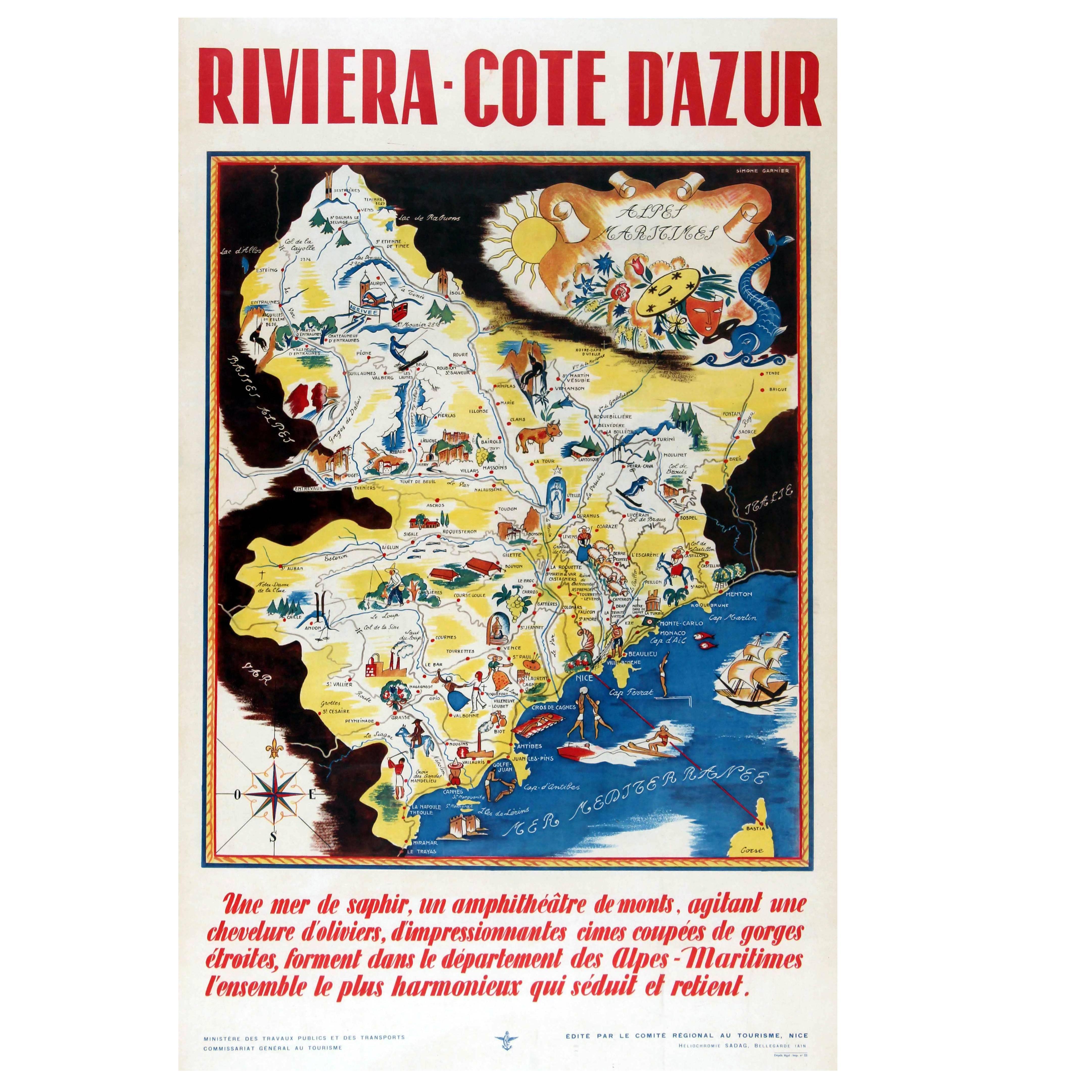 Original Vintage 1930s Travel Advertising Poster for The Riviera – Cote d'Azur