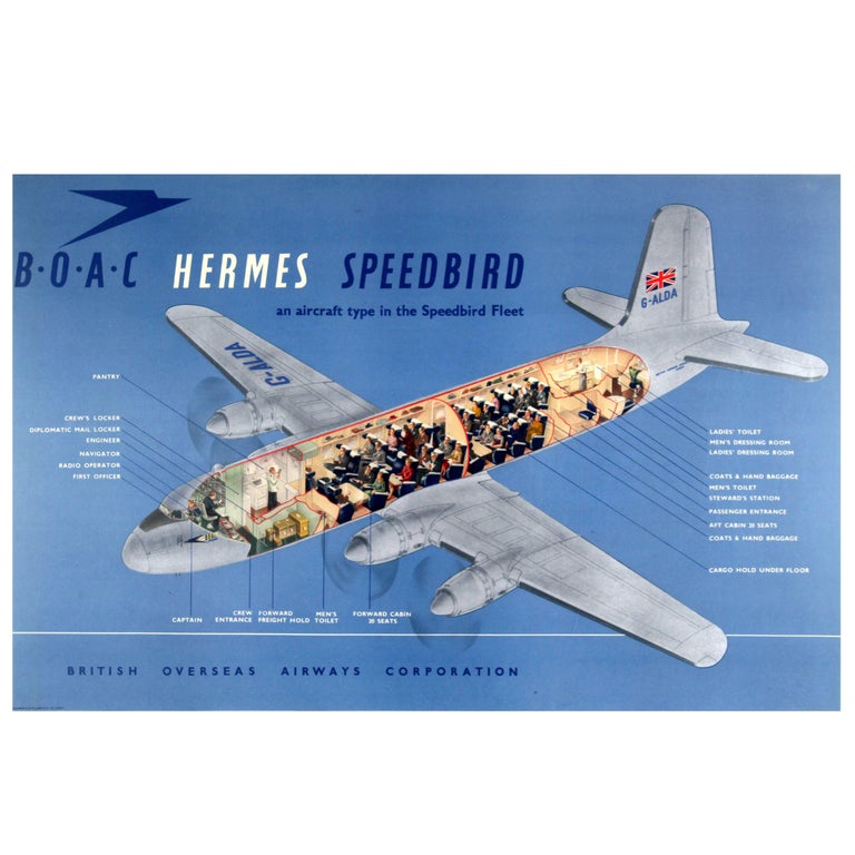 Original Vintage Travel Advertising Poster BOAC Hermes Speedbird Aircraft Fleet For Sale
