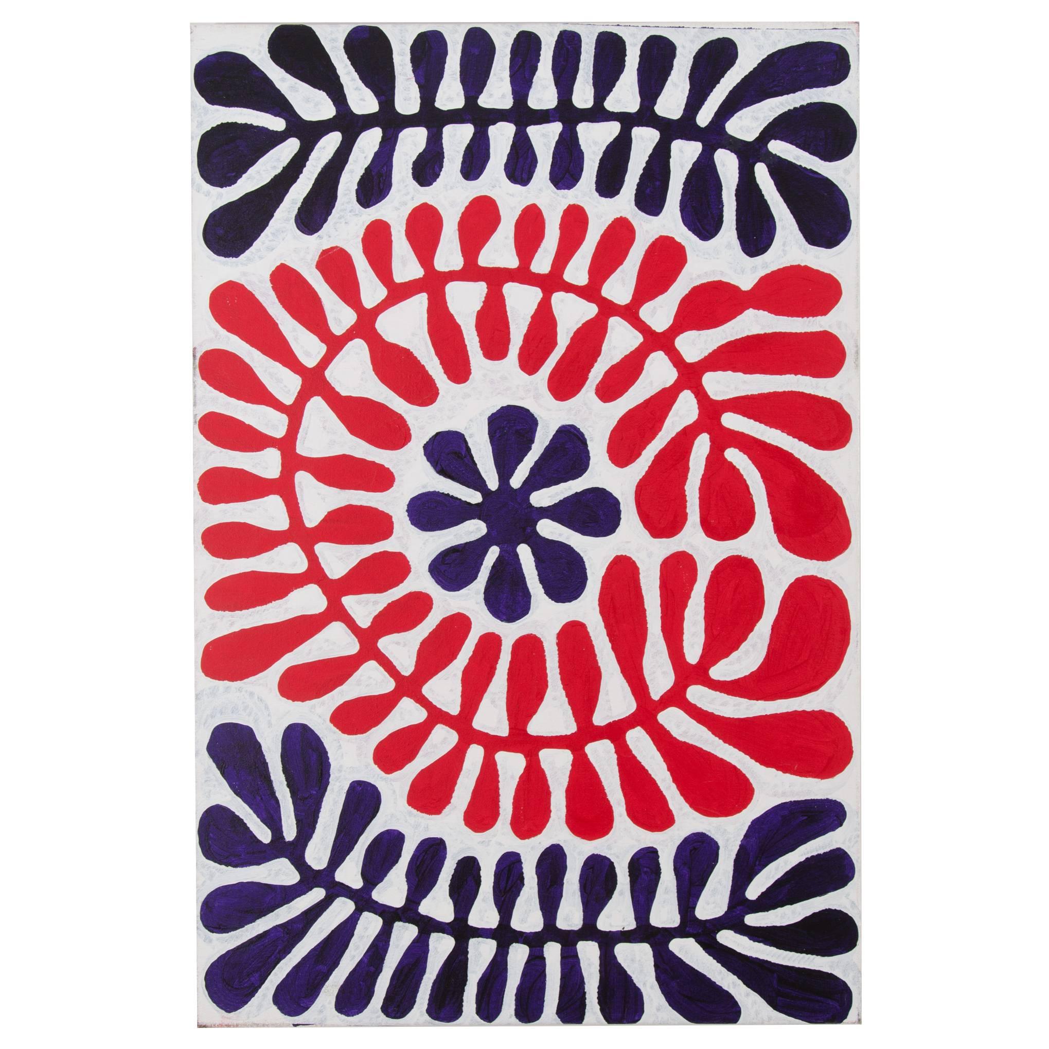 Blue and Red Australian Aboriginal Painting, Plant Pattern Design