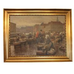 Large Painting of Fishwives in Copenhagen by Søren Christian Bjulf, 1910-1920