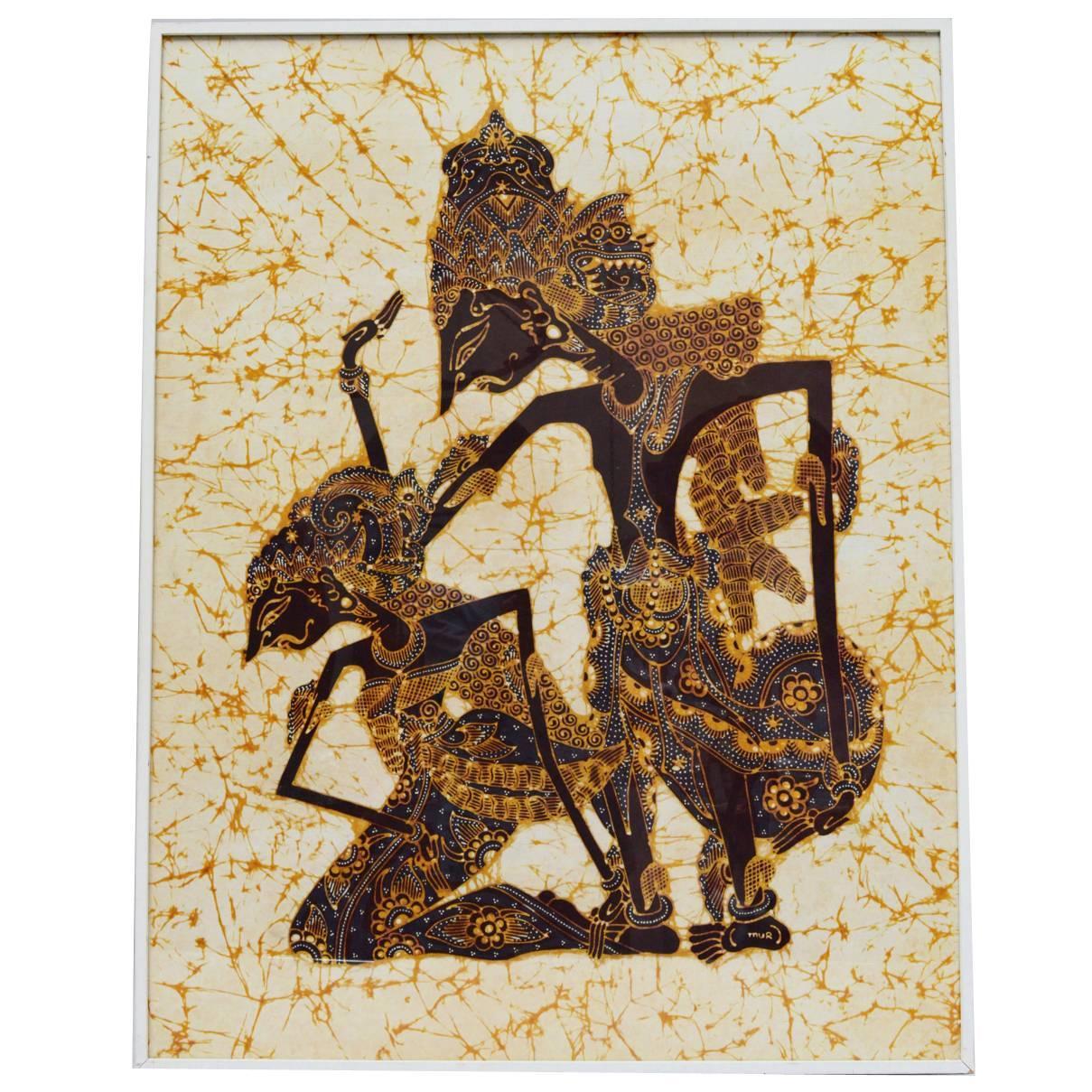 Vintage Indonesian Batik Painting on Cotton Depicting Rama and Sita For