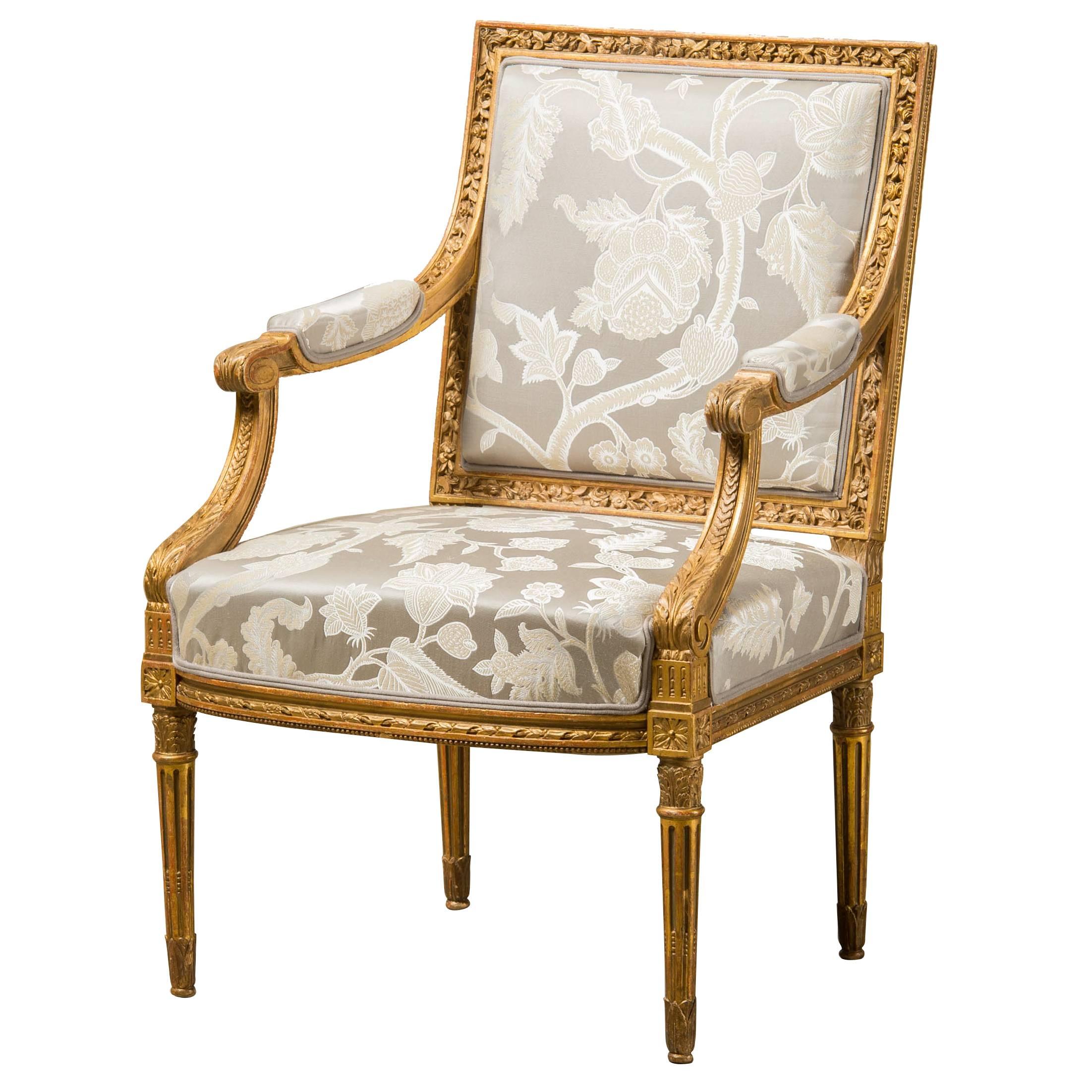 Armchair, Louis XVI Style, Reupholstered with Fabric from Baker