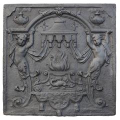 Antique Louis XIV Cast Iron Fireback with Putti and Salamander, 18th Century