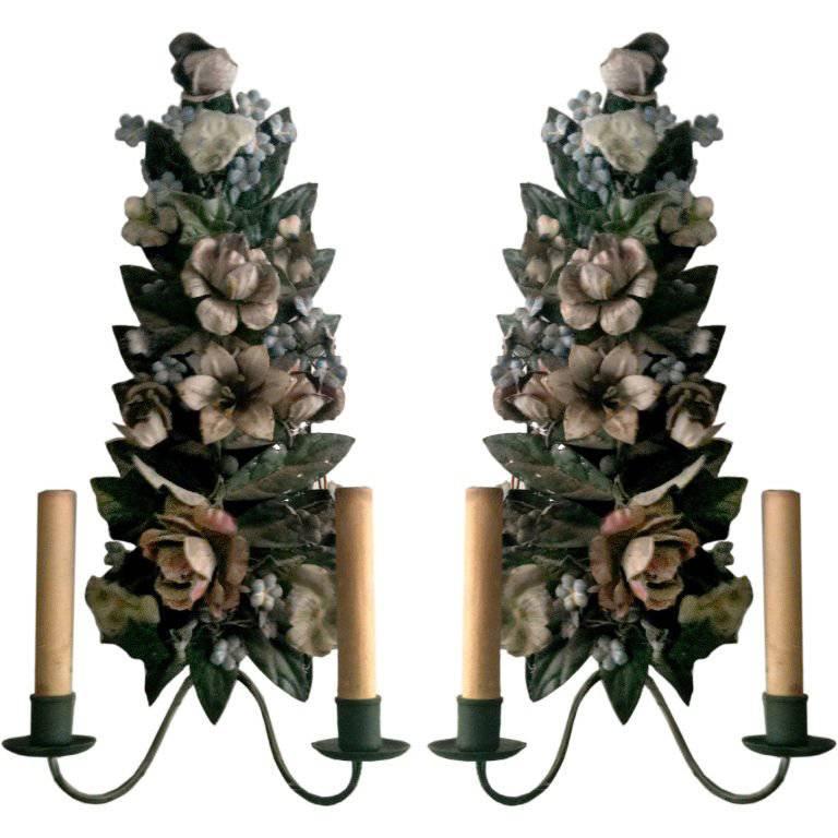 One Pair of French Tole Two-Light Wall Sconces