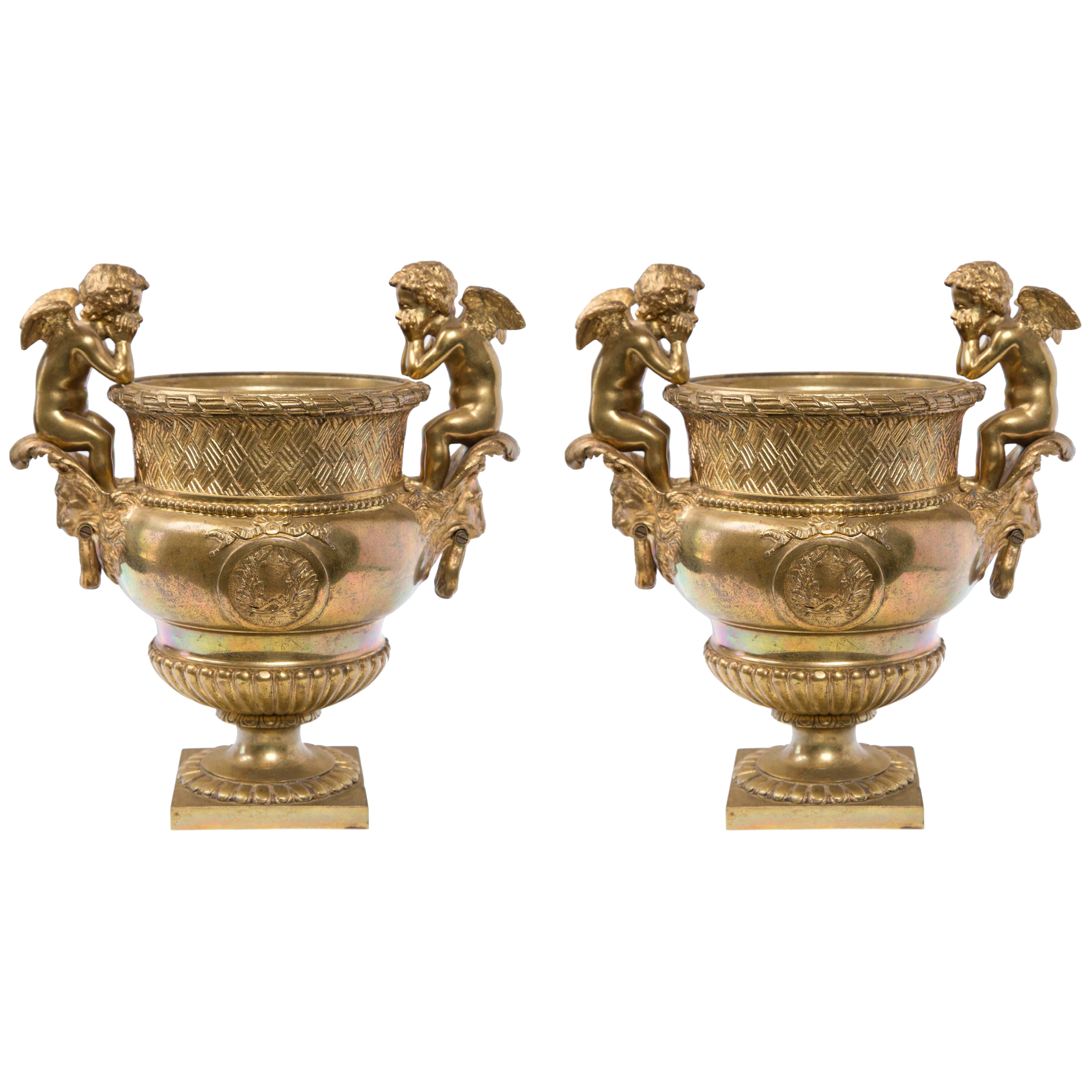 Pair of Antique Gilt Bronze Cachepots For Sale