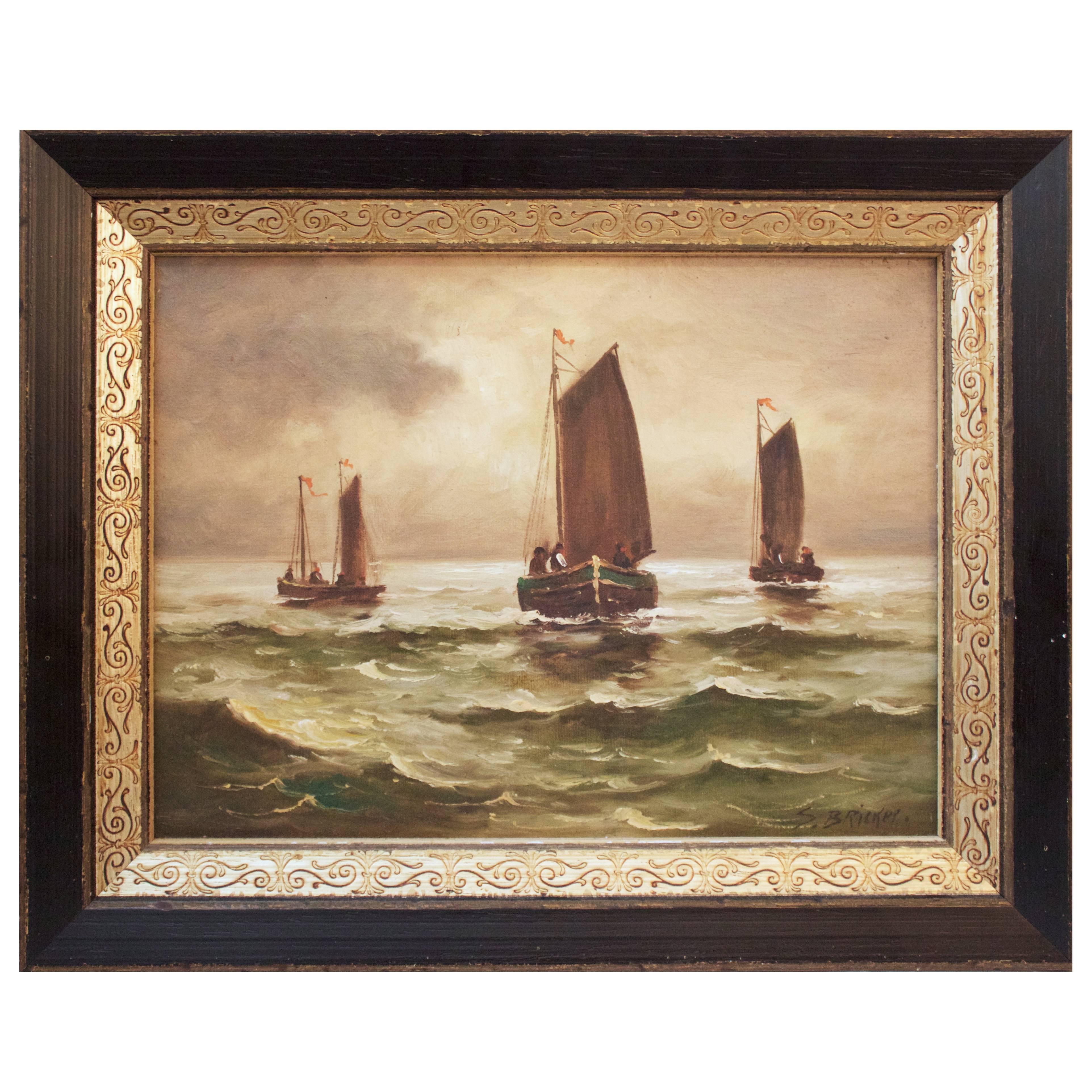 19th Century Dutch Oil Painting "Boats at Sea" by S. Bricker For Sale
