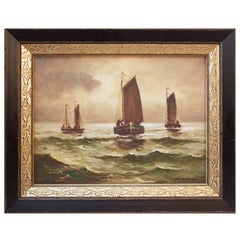 19th Century Dutch Oil Painting "Boats at Sea" by S. Bricker