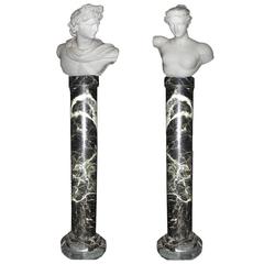 Pair of Carved Italian Marble Busts on Marble Pedestals, 19th Century