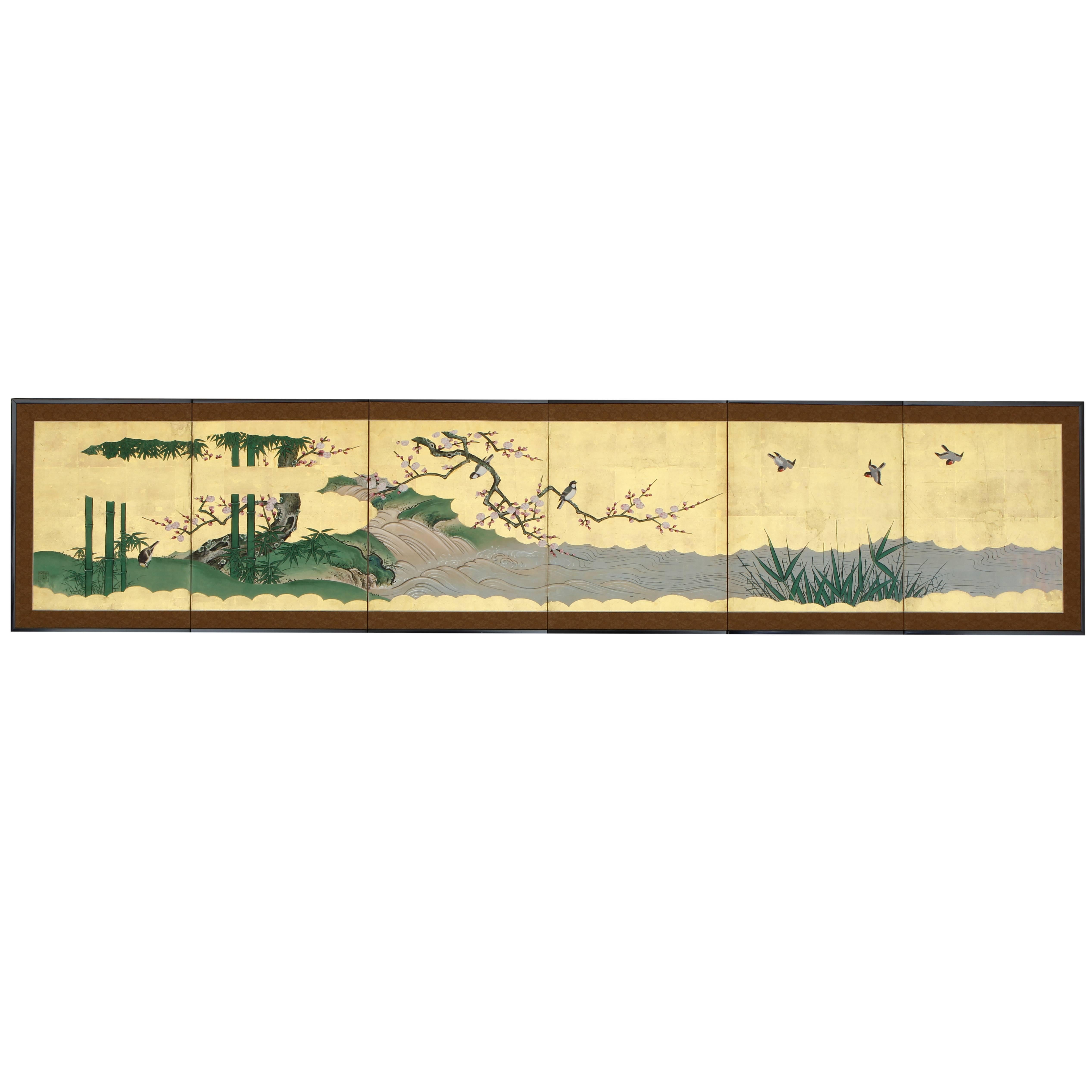 Japanese Screen with Birds over Flowering Plums and Bamboo For Sale