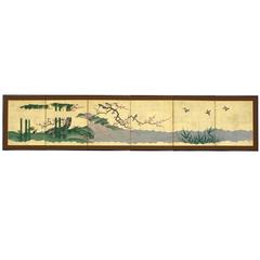 Japanese Screen with Birds over Flowering Plums and Bamboo