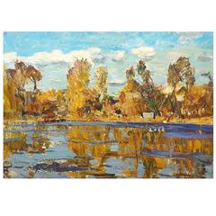 'Autumn Evening' Soviet Era Painting by Vyacheslav Andreevich Fedorov Dated 1975