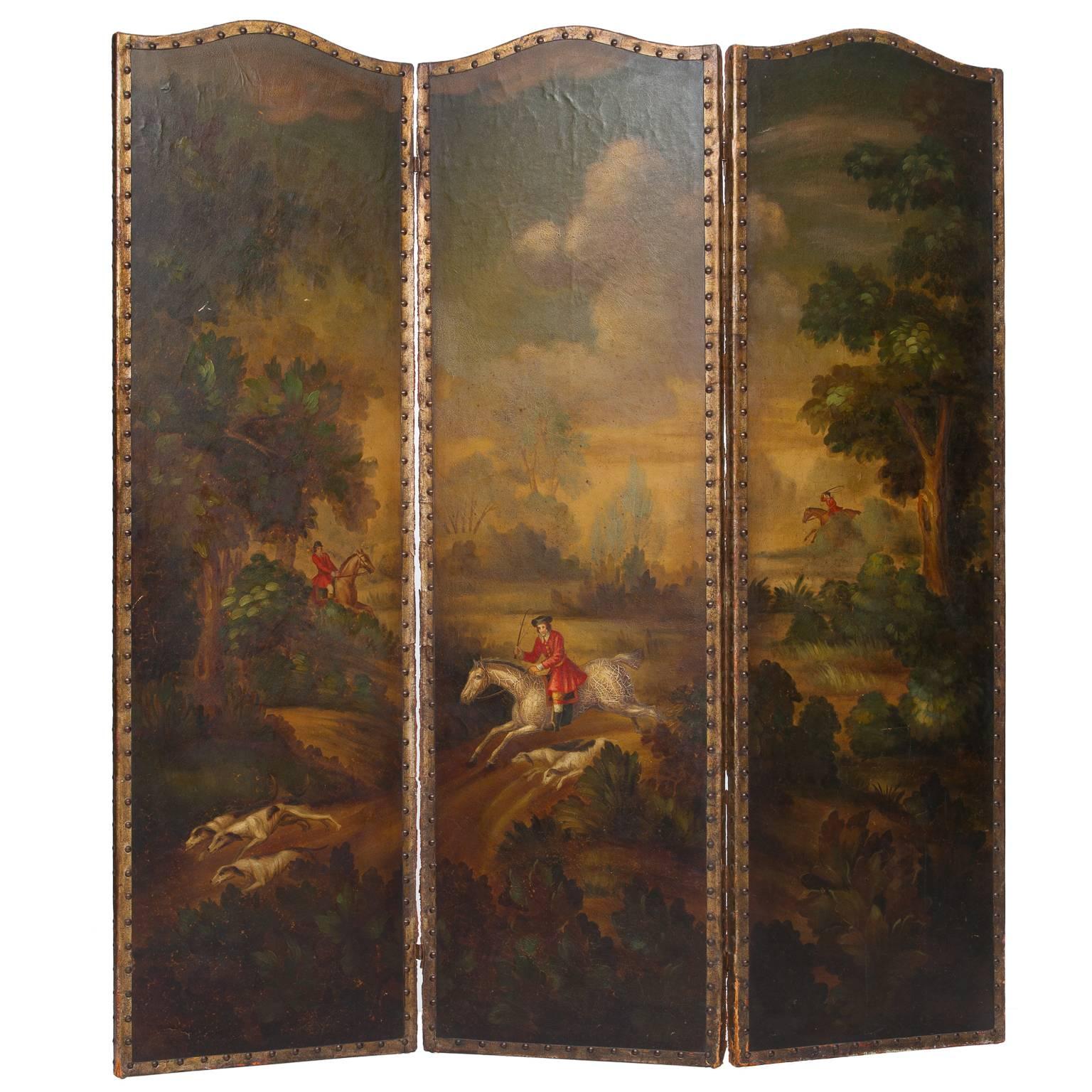 19th Century Painted Leather Screen