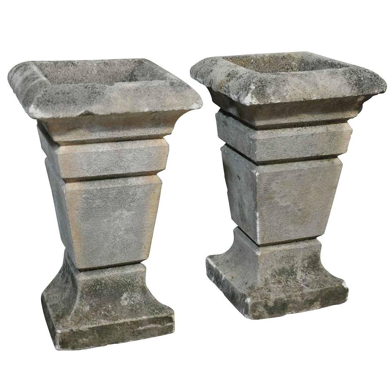 Pair of French Art Deco Carved Stone Jardinières