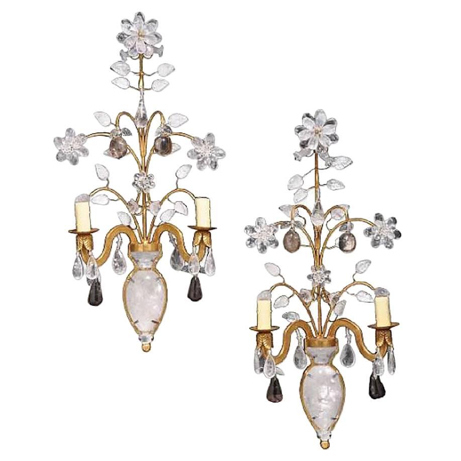 Pair of Bagues Style Rock Crystal Two-Light Sconces For Sale