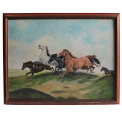 Antique Signed Oil Painting of Horses on Board