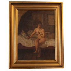 Oil Painting of a Naked Lady Sitting on a Bed Signed G. L., 1924