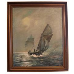 Marine Oil Painting Signed K.F., 1938