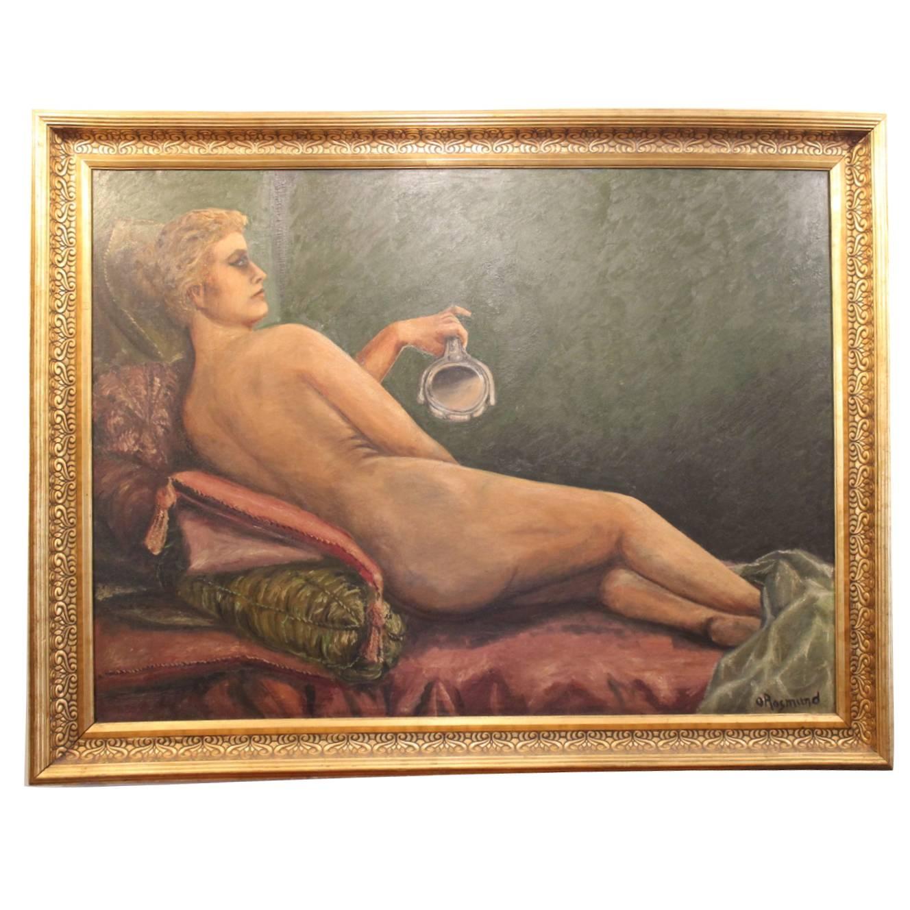 Grande peinture d'une femme nue par O Rosmund, vers 1910 en vente