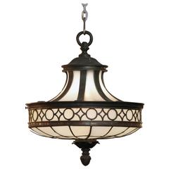 1910 Bronze Bank Pendant Light with Opalescent Glass and Pineapple Finial