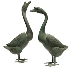 Vintage Fine Pair of Green Patina Garden Geese