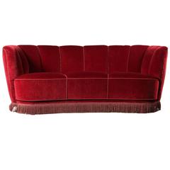 Mid-Century Red Velvet Sofa