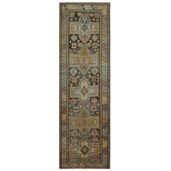 Long Antique Hand Knotted Wool Green Brown Red Caucasian Runner Rug