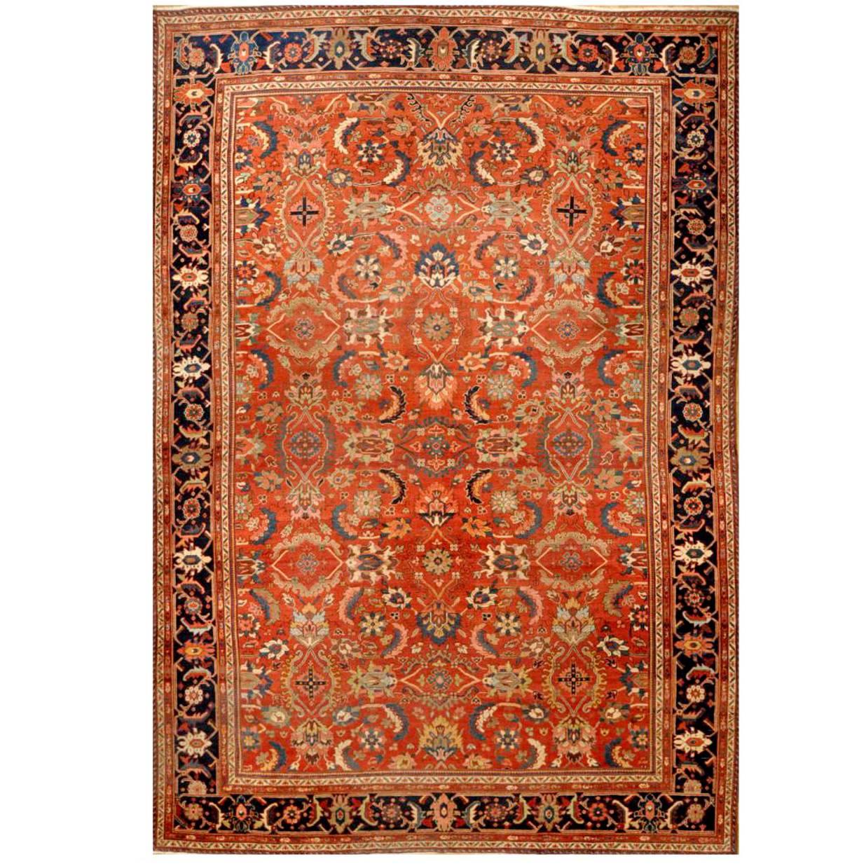 Large Antique Handmade Wool Red Navy Green Persian Mahal Rug For Sale