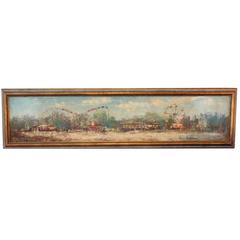 Vintage Oil Painting of a Carnival Roller Coaster and Ferris Wheel Amusement Park